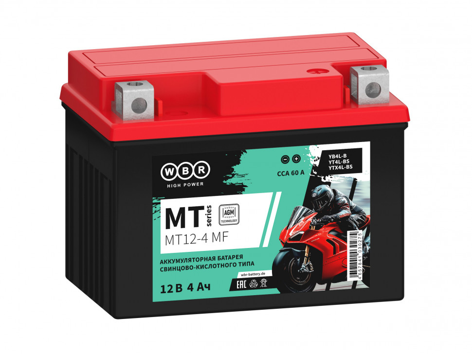 Мото аккумулятор WBR MT12-4 MF (YB4L-B, YT4L-BS, YTX4L-BS)