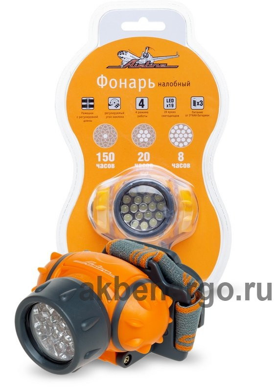 Фонарь налобный LEDx19 на батарейках AIRLINE