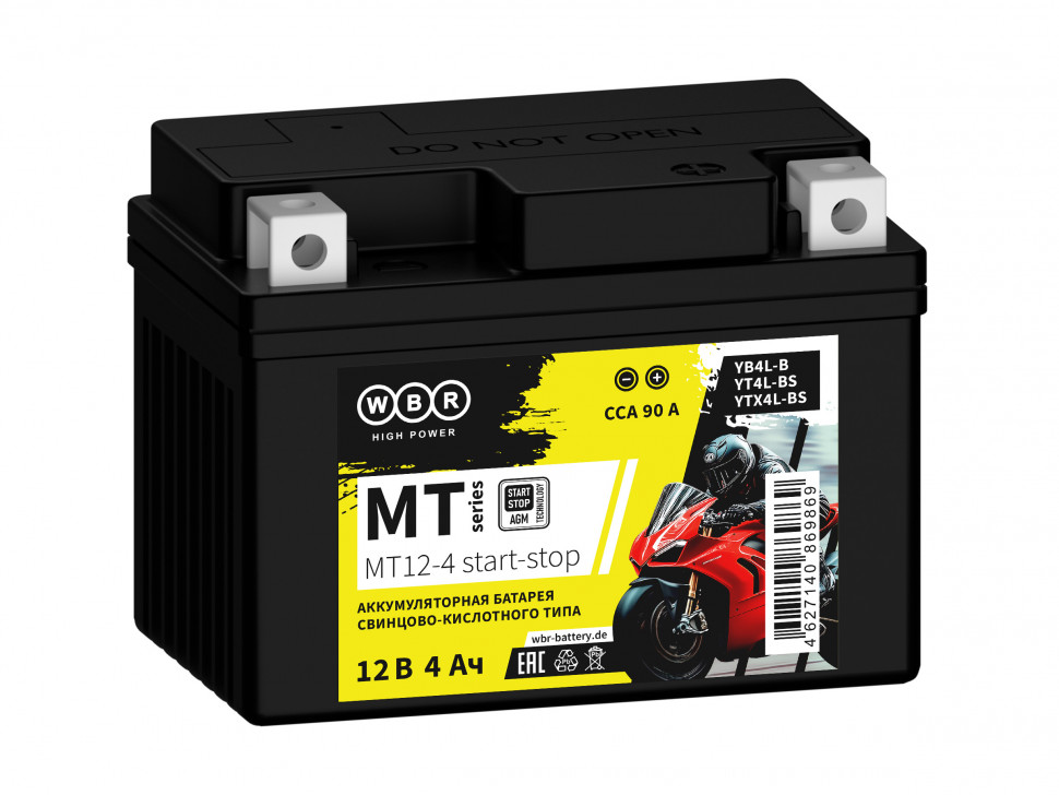 Мото аккумулятор WBR MT12-4 start-stop (YB4L-B, YT4L-BS, YTX4L-BS)